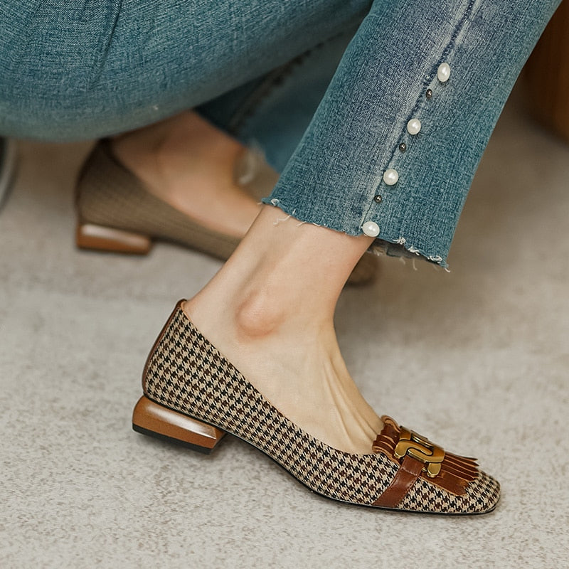 woloong  New Genuine Leather Women Shoes Fashion Tassel Beads Spring Pump Square Toe Slip-On Casual Shoes Thick Heel Size 35-42 Handmade