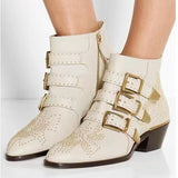 Studded Real Leather Ankle Boots Women Round Toe Rivet Flower Martin Short Boots Cowhide Thick Heel Low New Heel Women's Shoes