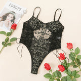 Ellolace Floral Embroidery Bodysuit Women Lace Up Bandage Bodies Sexy Sleeveless Bodycon Transparent Lingerie Mesh Bodysuits Top