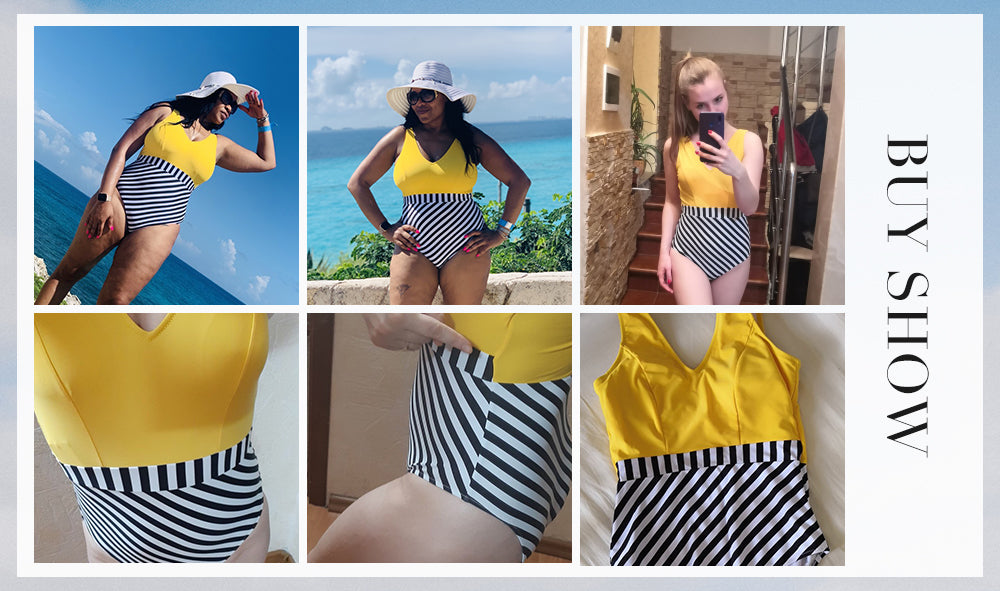 goosudu   Yellow and Striped Patchwork One-Piece Swimsuit Sexy V-neck Women Monokini Girls Beach Bathing Suits Swimwear