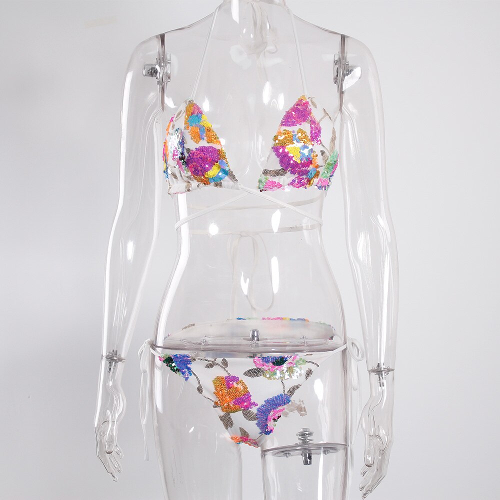 Sexy Floral Sequined White Bikinis Lace Up for Women Swimwear