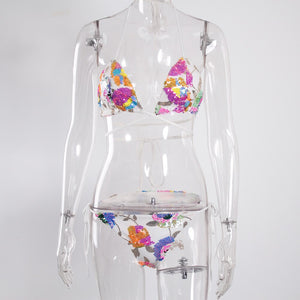 Sexy Floral Sequined White Bikinis Lace Up for Women Swimwear