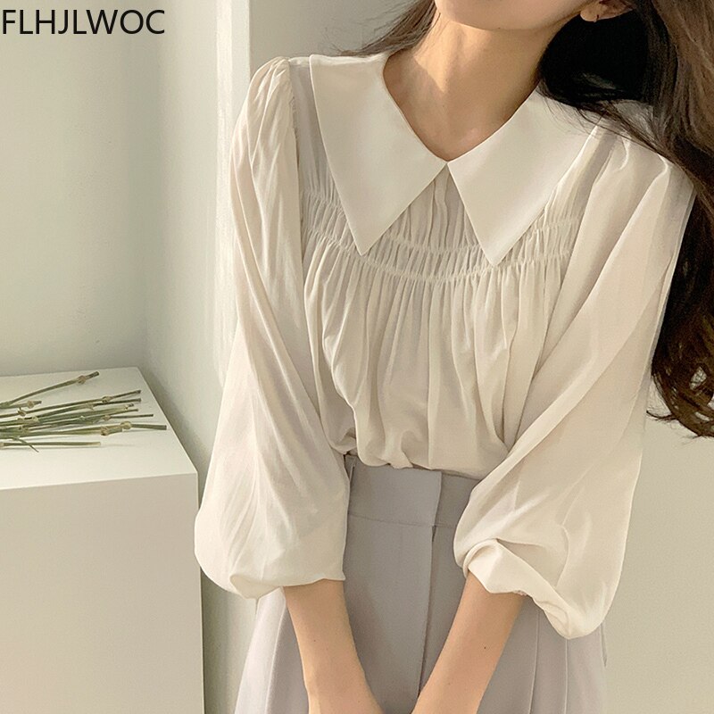 woloong Chic Korea Japanese Fenimine Clothes Women New Design Long Sleeve Solid Retro Vintage Black Pink Cute Tops And Blouses