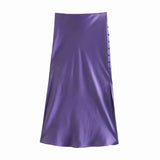 woloong  Summer Women Satin Elastic Waist Side Slit A-Line Skirt New Fashion Lady Button Decoration Falda Midi LUJIA ALAN P1597
