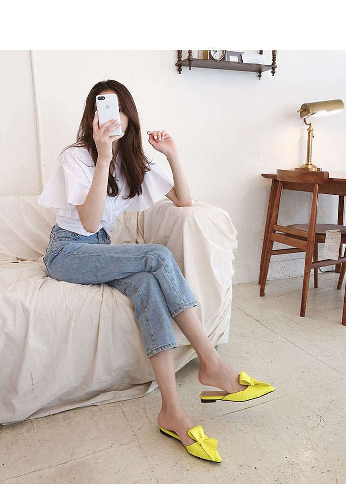 woloong  Pointed flat bow slippers women summer wear Baotou half slippers new fashion lazy sandals women's shoes