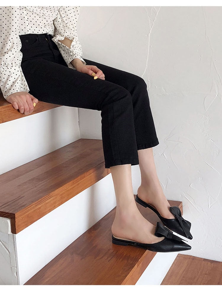 woloong  Pointed flat bow slippers women summer wear Baotou half slippers new fashion lazy sandals women's shoes
