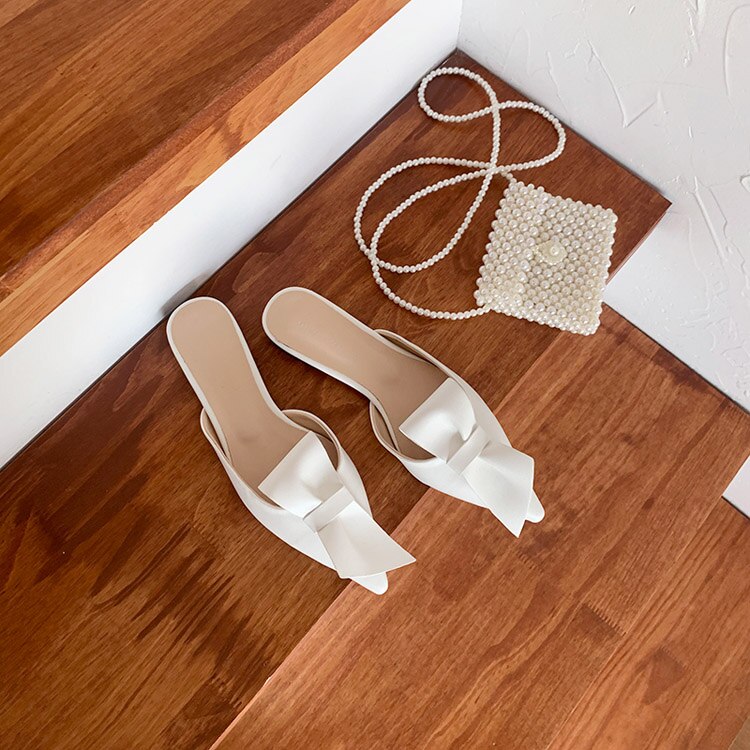 woloong  Pointed flat bow slippers women summer wear Baotou half slippers new fashion lazy sandals women's shoes