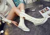 woloong  new fashion 3Colors women's canvas boots lace zipper knee high boots boots flat shoes casual high help punk shoes girls