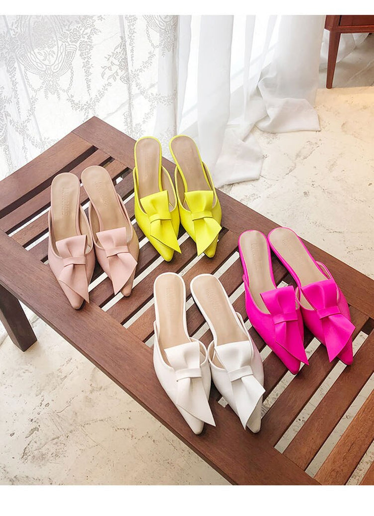 woloong  Pointed flat bow slippers women summer wear Baotou half slippers new fashion lazy sandals women's shoes