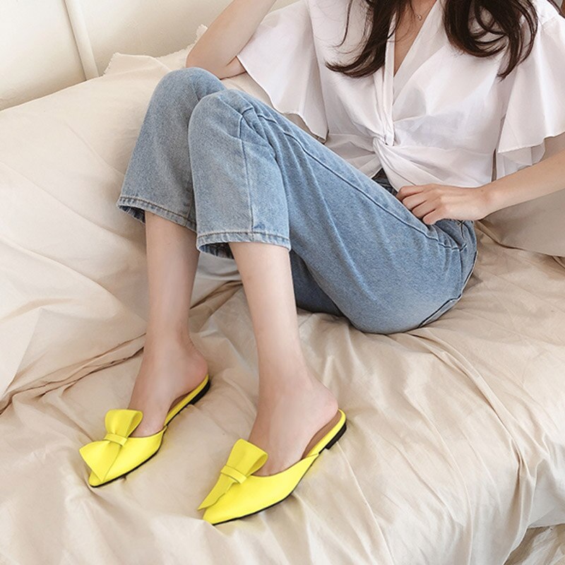 woloong  Pointed flat bow slippers women summer wear Baotou half slippers new fashion lazy sandals women's shoes