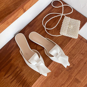 woloong  Pointed flat bow slippers women summer wear Baotou half slippers new fashion lazy sandals women's shoes