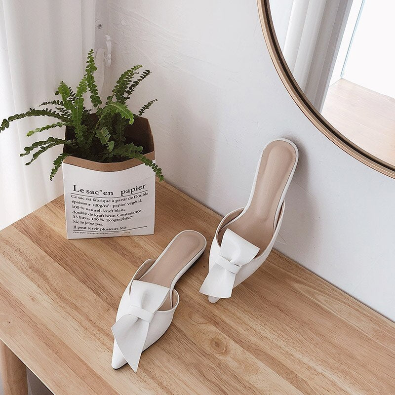 woloong  Pointed flat bow slippers women summer wear Baotou half slippers new fashion lazy sandals women's shoes