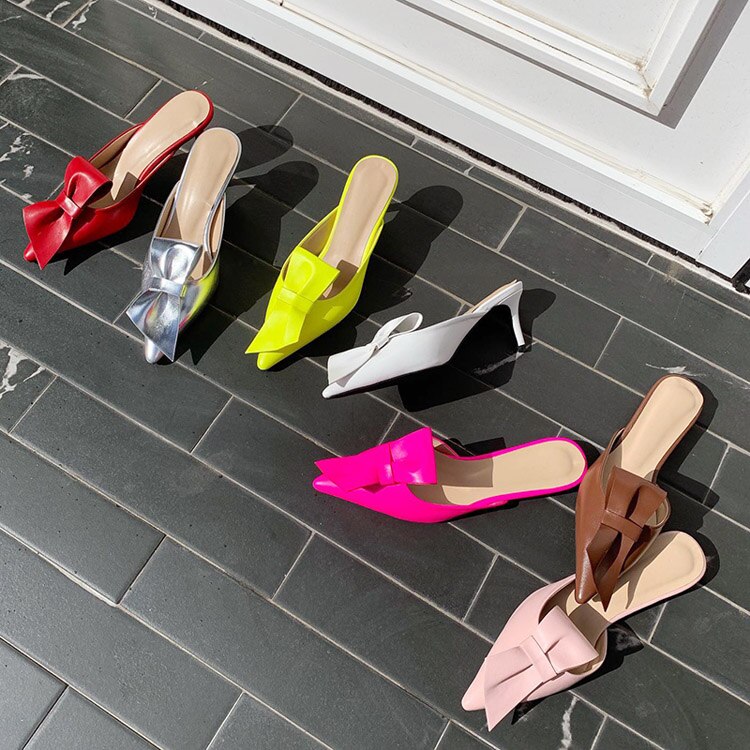 woloong  Pointed flat bow slippers women summer wear Baotou half slippers new fashion lazy sandals women's shoes