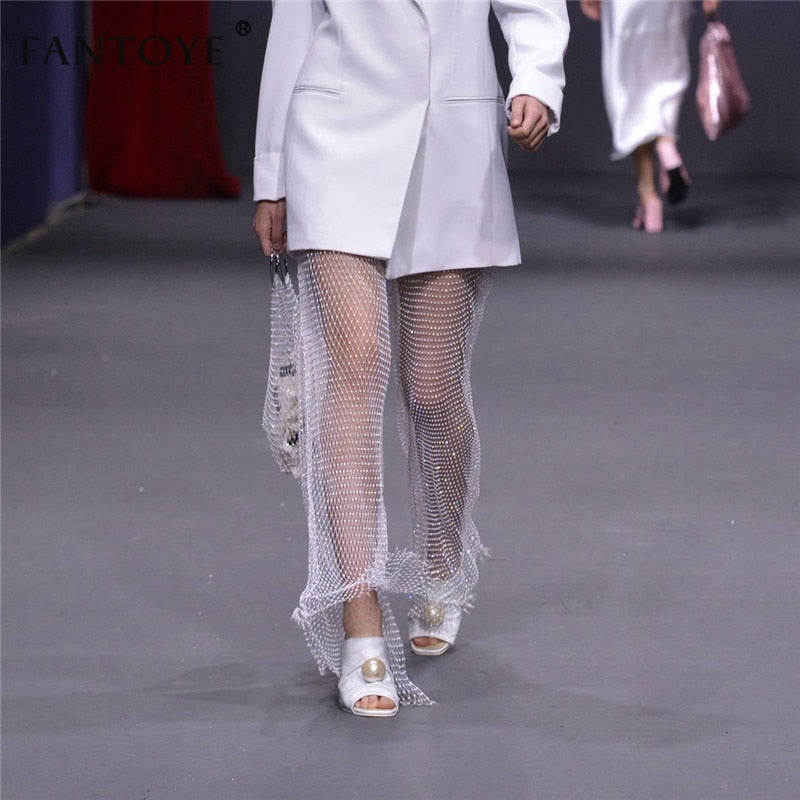 woloong  New Crystal Diamond Shiny Women Pants Summer Sexy Hollow Out Elastic Fishnet Trousers Fashion See Through Beachwear
