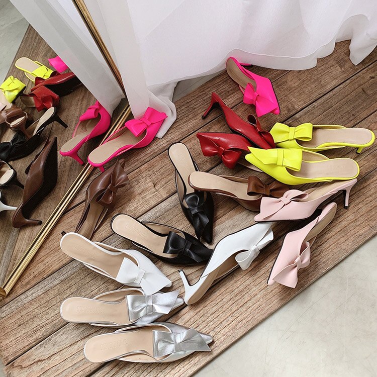 woloong  Pointed flat bow slippers women summer wear Baotou half slippers new fashion lazy sandals women's shoes