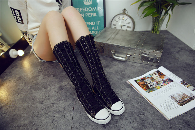 woloong  new fashion 3Colors women's canvas boots lace zipper knee high boots boots flat shoes casual high help punk shoes girls