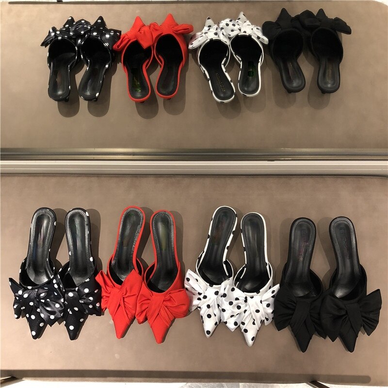 woloong New Spring Slippers Women's Korean-Style Pointed Polka Dot Bow Stiletto Mid-Heel Low Heel Slippers Polka Dot Half Slippers