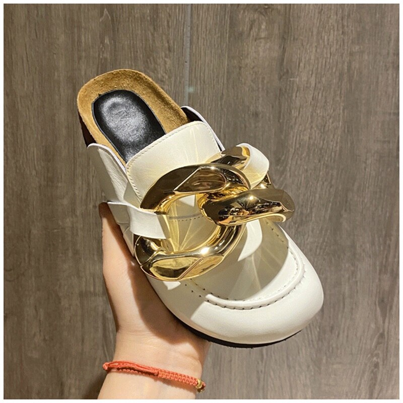 woloong  New Brand Women Slipper Fashion Chain Decor Round Toe Flats Mules Lazy Loafer Women Outdoor Slides Slip On Sandal