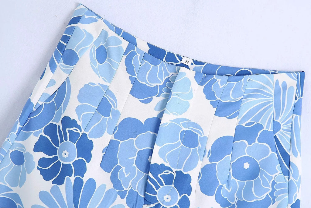 goosudu Flower Print Blue Short Sets Women Matching Set Blue Summer Spring Two Pieces Sets Suits Oversized Top Shorts