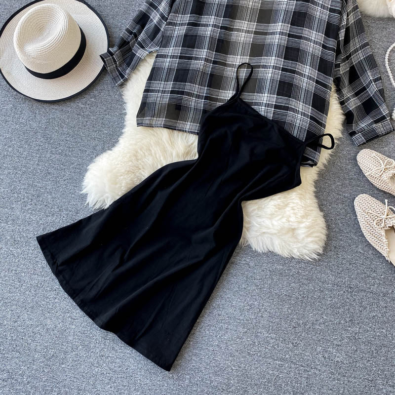 New Summer Autumn Casual Two Piece Set Long Sleeve Plaid Grey Overcoats Spaghetti Strap Slim Black Solid Dress