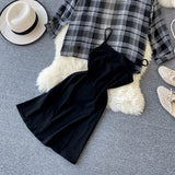 New Summer Autumn Casual Two Piece Set Long Sleeve Plaid Grey Overcoats Spaghetti Strap Slim Black Solid Dress