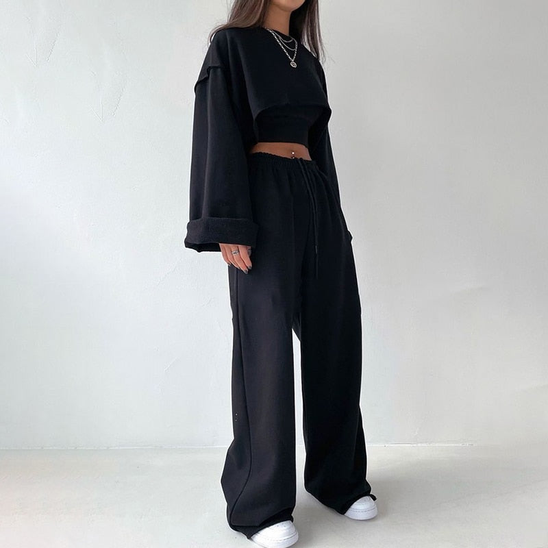 woloong  White Three Piece Set For Women O Neck Long Sleeve Tops Sleeveless Vest Wide Leg Pants Female Casual Sets New