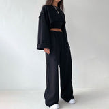 woloong  White Three Piece Set For Women O Neck Long Sleeve Tops Sleeveless Vest Wide Leg Pants Female Casual Sets New