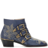 Studded Real Leather Ankle Boots Women Round Toe Rivet Flower Martin Short Boots Cowhide Thick Heel Low New Heel Women's Shoes