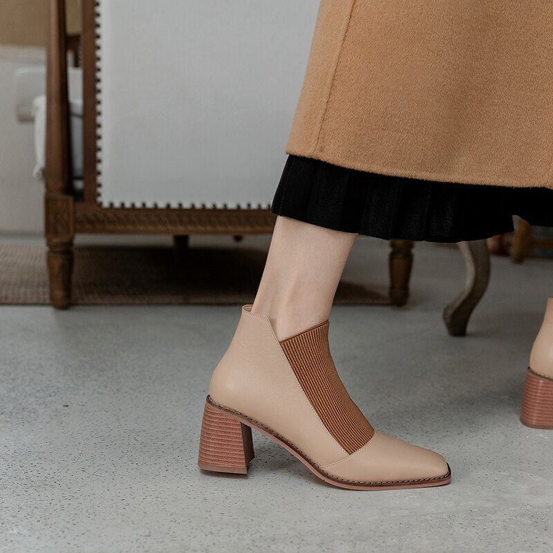 woloong  Fashion Comfortable Genuine Leather Women's Ankle Boots Elegant Square Toe Thick Heels Pumps Party Casual Shoes Woman New