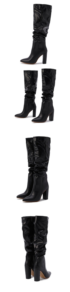 woloong New Brand Ladies Knee-High Boot Winter Folds Warm Square Heels Shoes Fashion Sexy Long Boots Solid Color Footwear