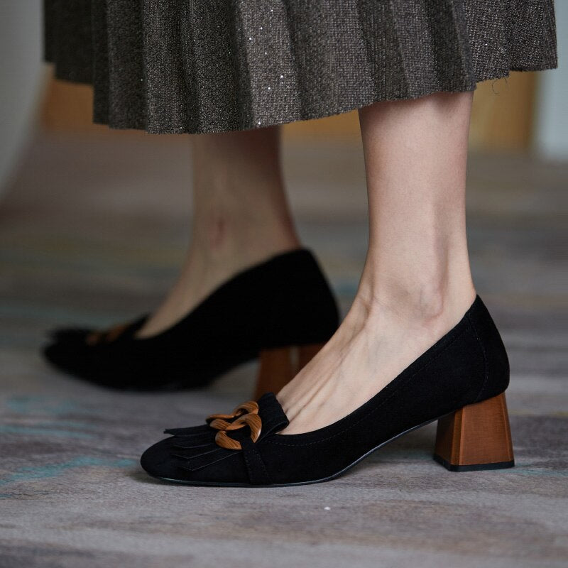 woloong  Fashion Newest Women Shoes Spring Thick Heels Pumps for Women Genuine Leather Kid Suede Office Lady Party Shoes for Women