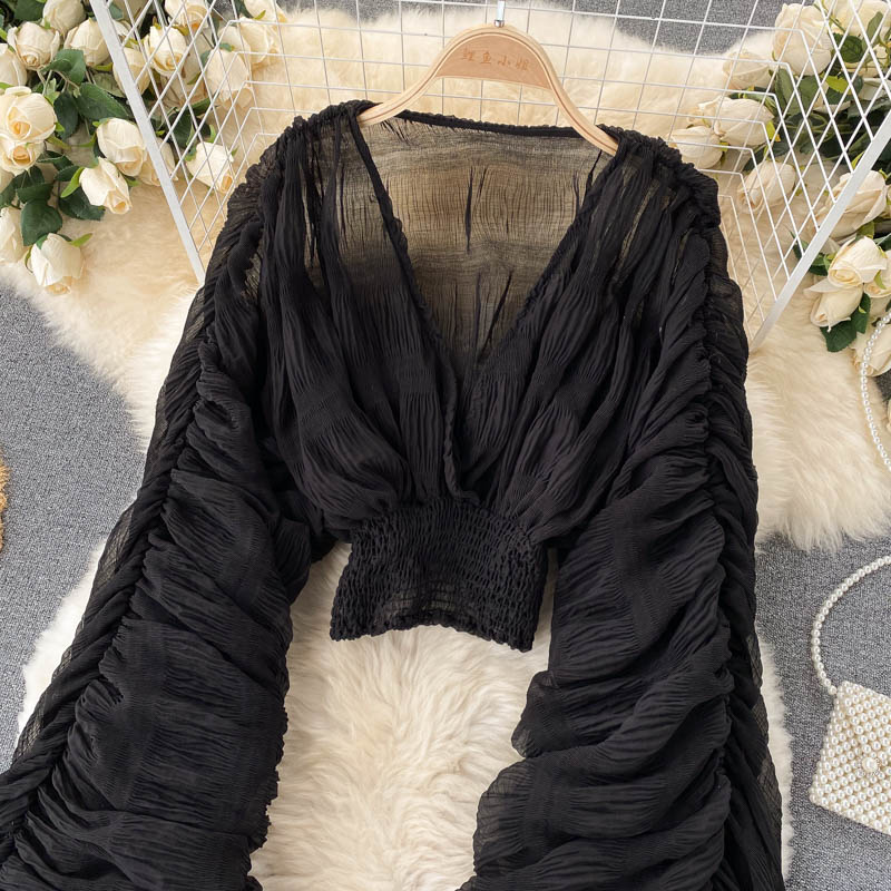 goosudu  Summer Sexy Draped Chiffon Blouse For Women Elegant V-Neck Puff Long Sleeve Short Tops Female Slim Party Shirts  New Fashion