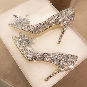 woloong  Newest  Cinderella Shoes Rhinestone High Heels Women Pumps Pointed toe Woman Crystal Party Wedding Shoes 5cm/7cm/9cm