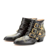 Studded Real Leather Ankle Boots Women Round Toe Rivet Flower Martin Short Boots Cowhide Thick Heel Low New Heel Women's Shoes