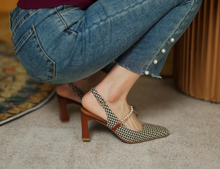 woloong New   Sandles Women Square Toe Thick Heel French Retro Women Shoes Pearl Buckle High Heel Party Sandals Houndstooth Pattern