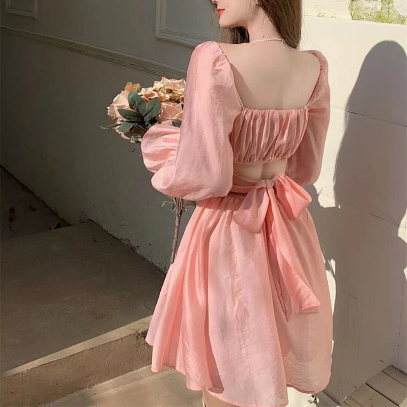woloong  Pink Sweet Elegant Princess Dress Women Casual Korean Slim Long Sleeve Fairy Dress Female Backless Design Vintage Dress New