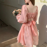 woloong  Pink Sweet Elegant Princess Dress Women Casual Korean Slim Long Sleeve Fairy Dress Female Backless Design Vintage Dress New