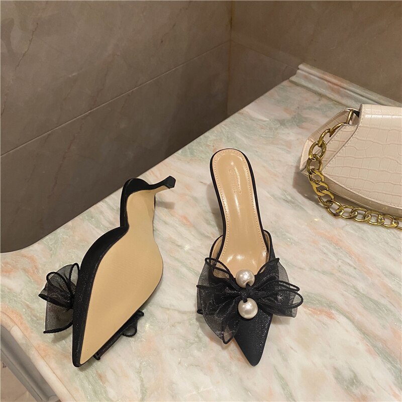 woloong New Baotou Half Drag Thin Heel Bow Sandals Pointed Pearl High Heel Muller Shoes