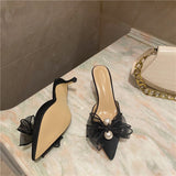 woloong New Baotou Half Drag Thin Heel Bow Sandals Pointed Pearl High Heel Muller Shoes