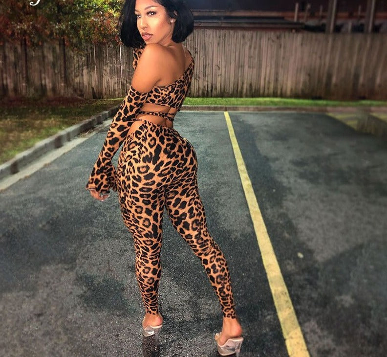 goosudu Long Sleeve Leopard Print Bandage Hollow Out Tshirt Leggings 2 Pieces Set Autumn Winter Women Sexy Tracksuit