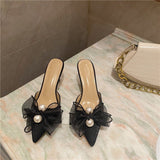 woloong New Baotou Half Drag Thin Heel Bow Sandals Pointed Pearl High Heel Muller Shoes