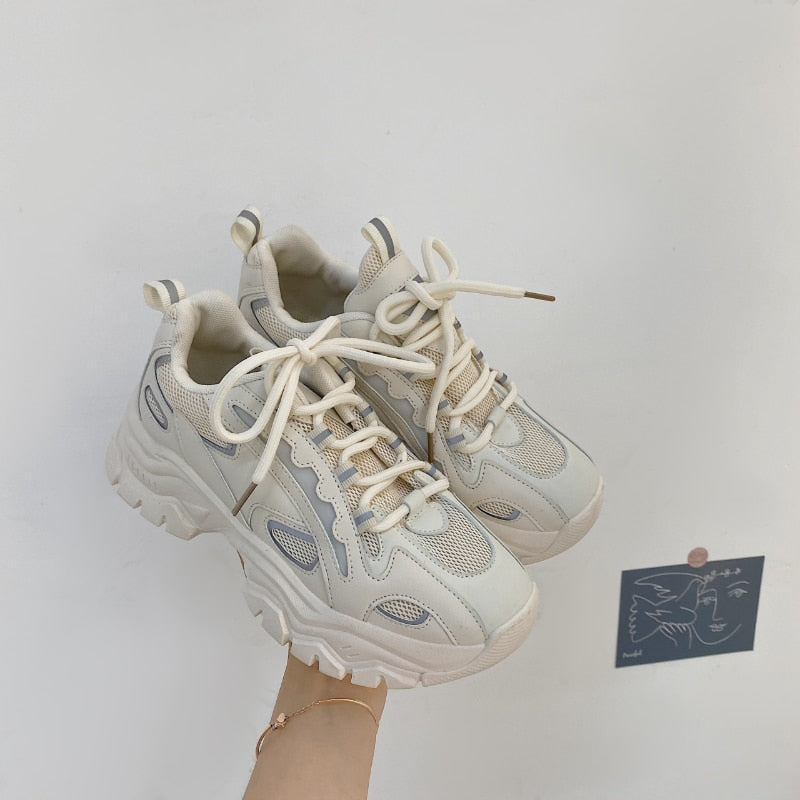 woloong  Spring New Reflect Vulcanize Shoes Light Platform Daddy Shoes Woman Harajuku Joker Wind Sneakers for Female Casual Shoes