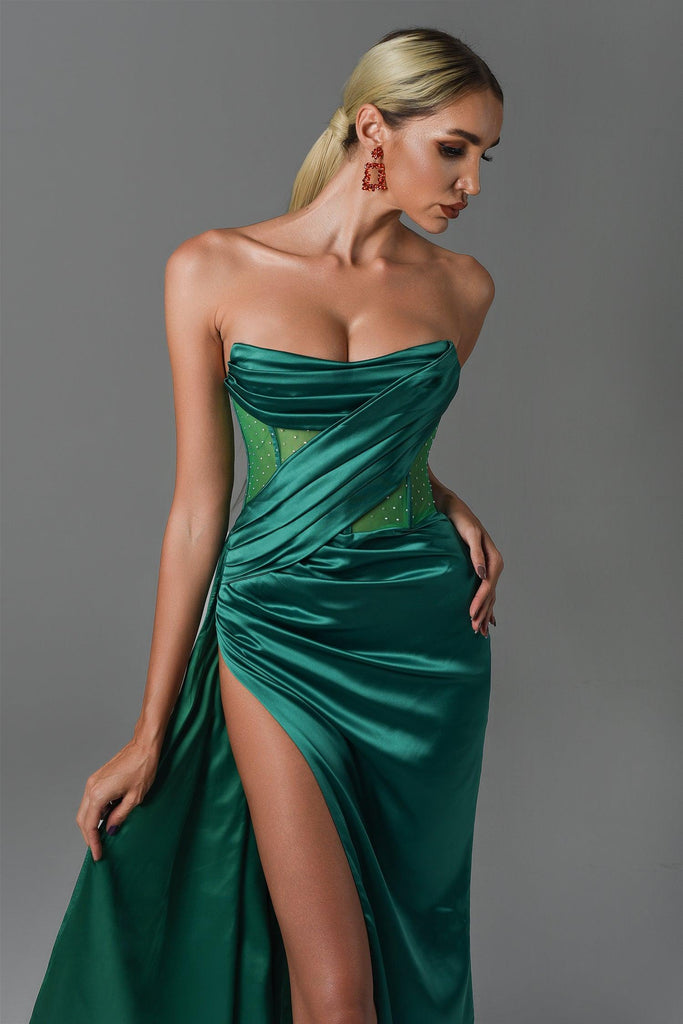 goosudu Haliya Crystallized Corset High Slit Gown - Green