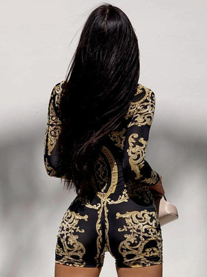 woloong  Classical Print O Neck Long Sleeve Playsuit New Year Sexy Slim Sports Elegant Casual Streetwear Concise Y2K