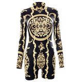 woloong  Classical Print O Neck Long Sleeve Playsuit New Year Sexy Slim Sports Elegant Casual Streetwear Concise Y2K