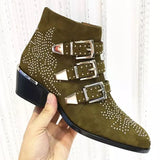 Studded Real Leather Ankle Boots Women Round Toe Rivet Flower Martin Short Boots Cowhide Thick Heel Low New Heel Women's Shoes