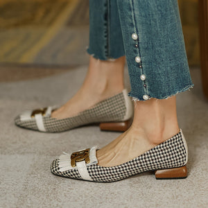 woloong  New Genuine Leather Women Shoes Fashion Tassel Beads Spring Pump Square Toe Slip-On Casual Shoes Thick Heel Size 35-42 Handmade