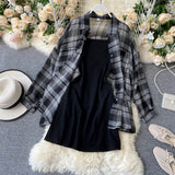 New Summer Autumn Casual Two Piece Set Long Sleeve Plaid Grey Overcoats Spaghetti Strap Slim Black Solid Dress