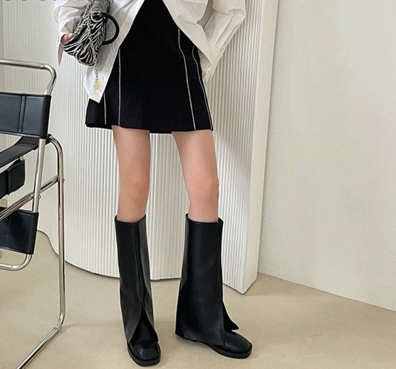 woloong New Brand Women Boots Knee-high Flat Heel Long Boots Shoes Ladies Winter Slip On Square Toe Casual Martin Boots