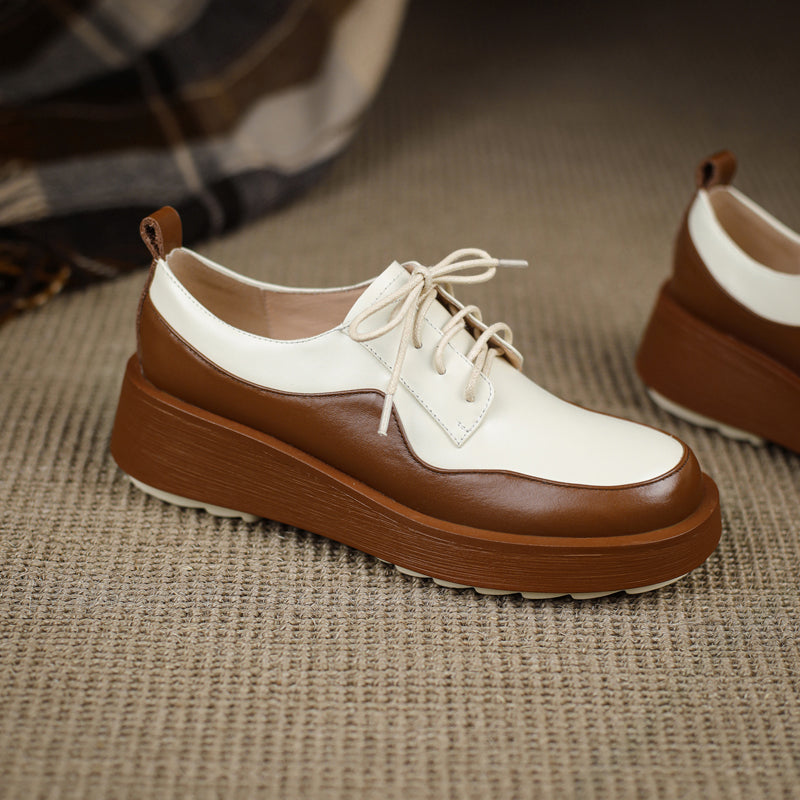 woloong  New Retro British Style Color Matching Platform Small Leather Shoes Casual Single Shoes Fashion Lace-up Women's Shoes